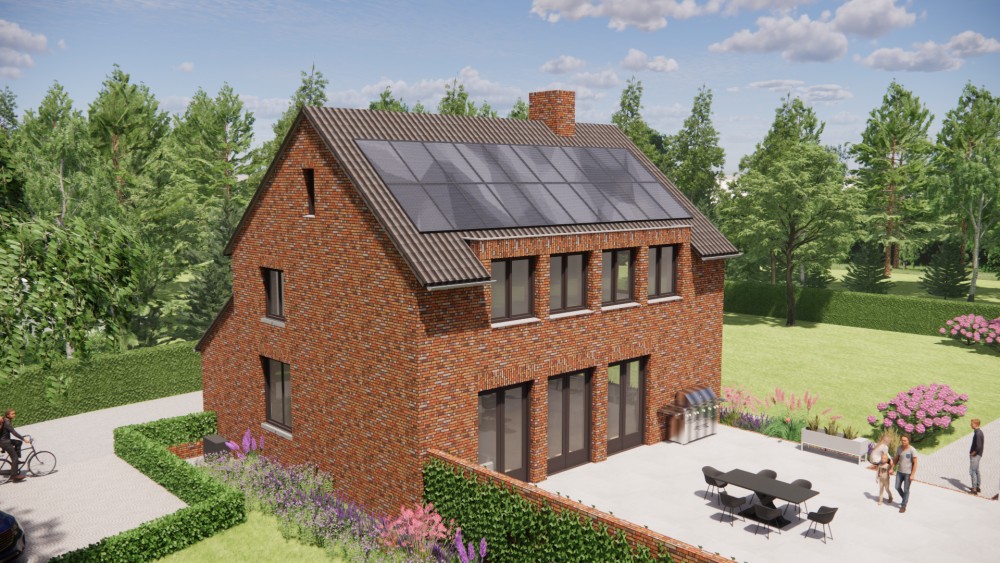 3D Render van woning met zadeldak in gegolfde dakpannen en roodbruin metselwerk met dakkapel 10