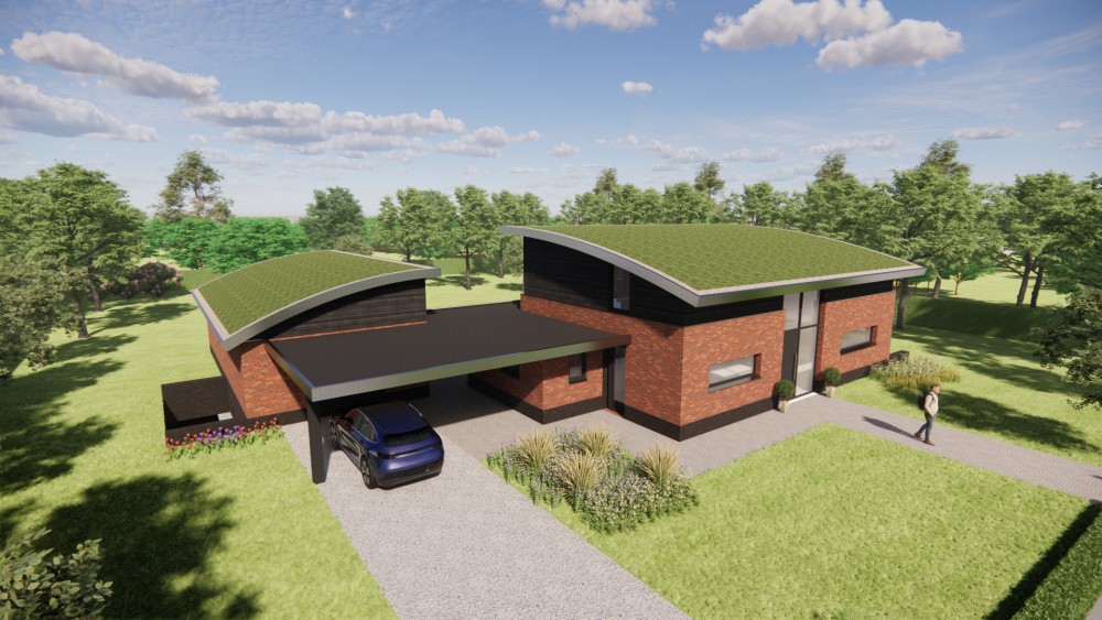 Afbeelding van Eigentijdse vrijstaande woning met gebogen groendak, metselwerkgevels en houten accenten - d2dfbc5b-dd6d-4dfd-854b-f9e5bef2e534