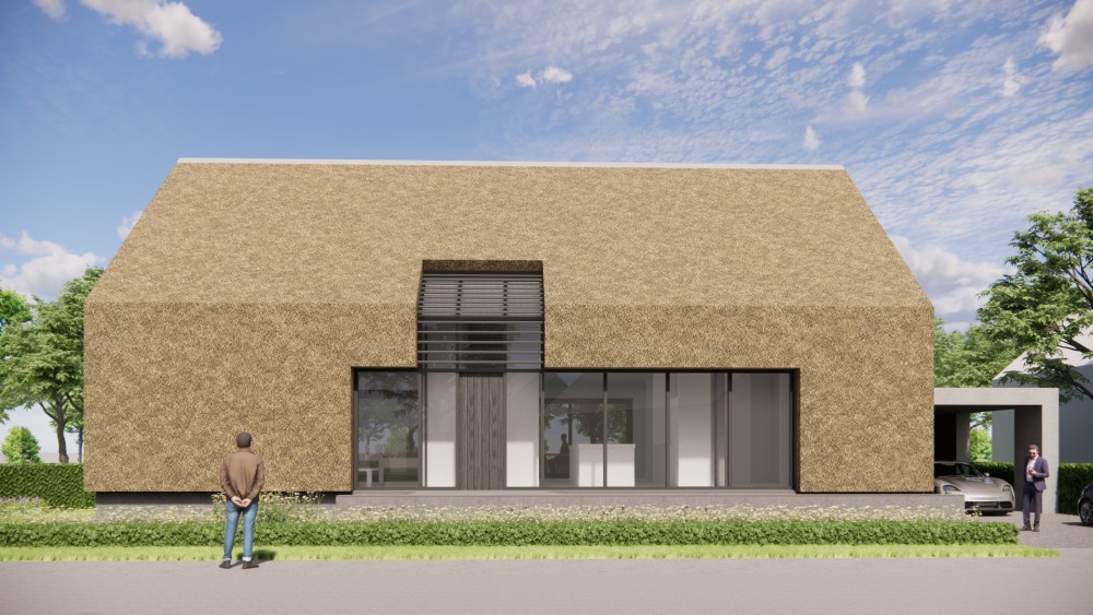 3D Render van moderne schuurwoning met rieten zadeldak en houten gevels 4