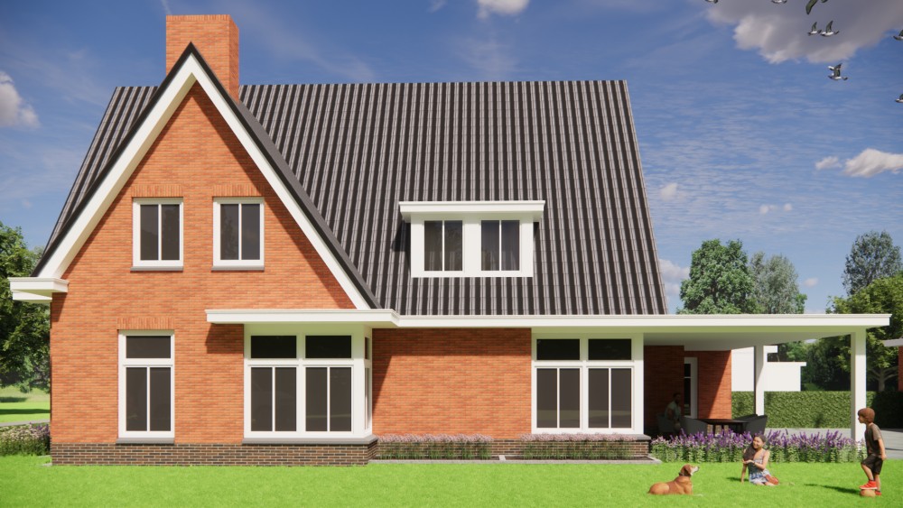 3D Render van vrijstaande jaren 30 woning met rood metselwerk, zadeldak met gegolfde dakpannen en dakkapel 5