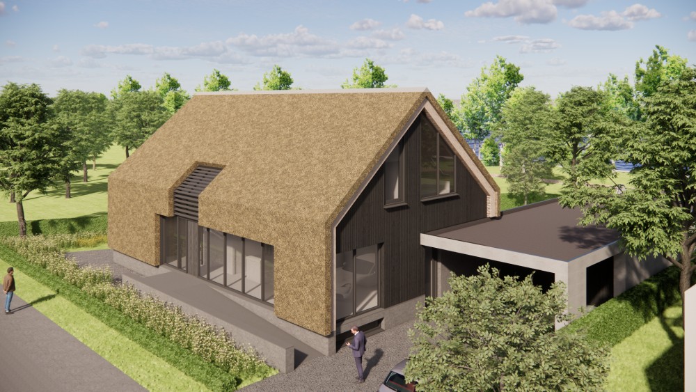 3D Render van moderne schuurwoning met rieten zadeldak en houten gevels 6