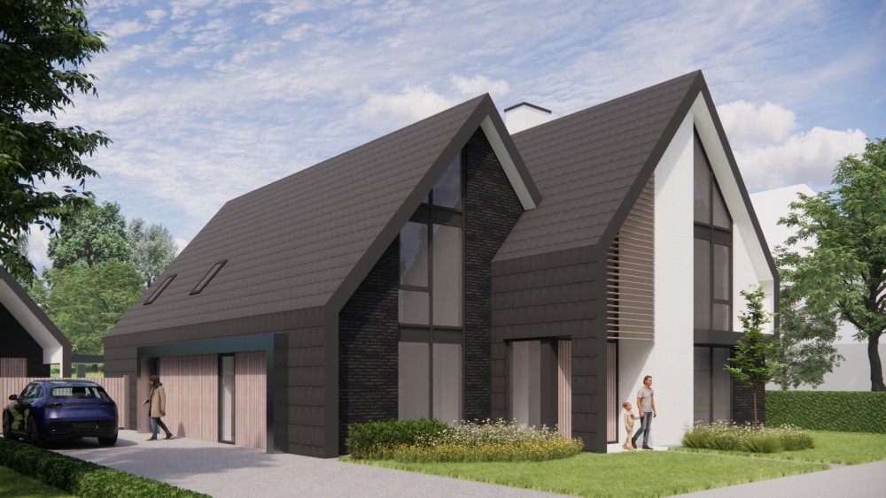 3D Render van eigentijdse villa met metselwerk gevels en zadeldak met vlakke dakpannen 5