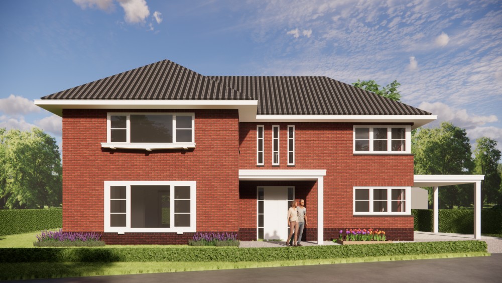 3D Render van vrijstaand jaren 30 huis met metselwerkgevels en schilddak met gegolfde dakpannen 6