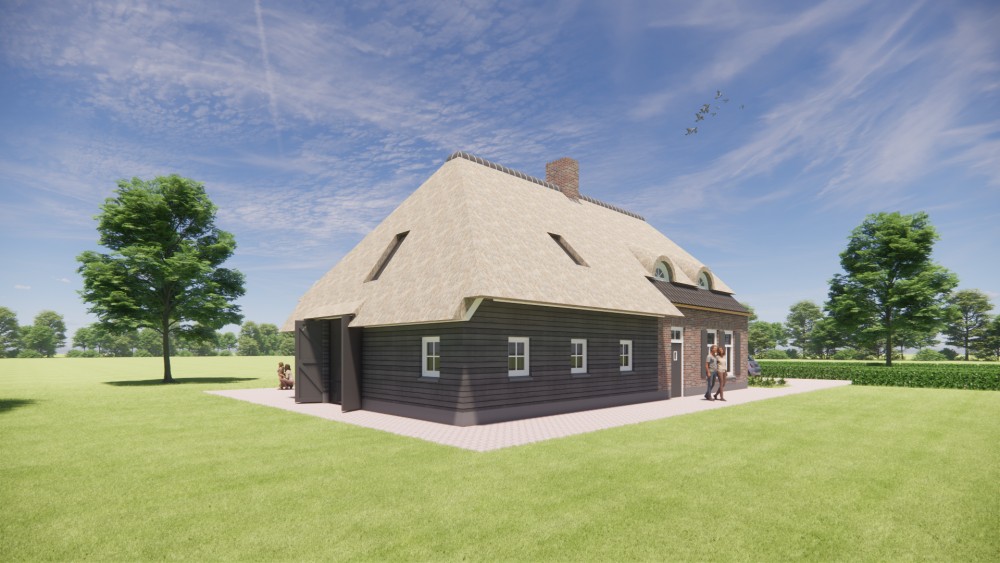 Afbeelding van Rietgedekte boerderijwoning met metselwerk, houten accenten en royale overstekken - 80a57b49-a699-481a-9acf-a2a3f8abeafa