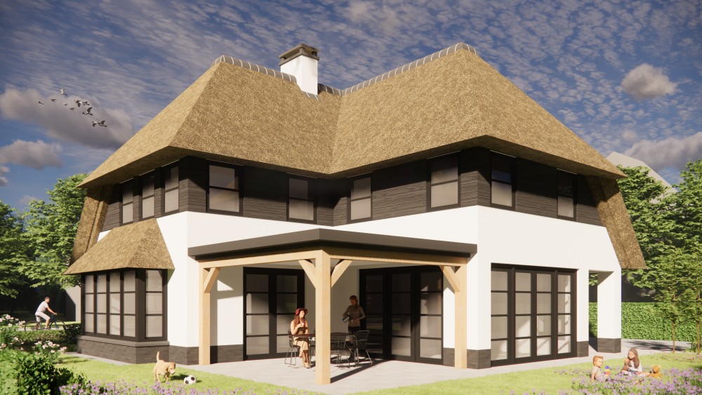 3D Render van landelijke villa met rieten wolfsdak en witgepleisterde gevels 5