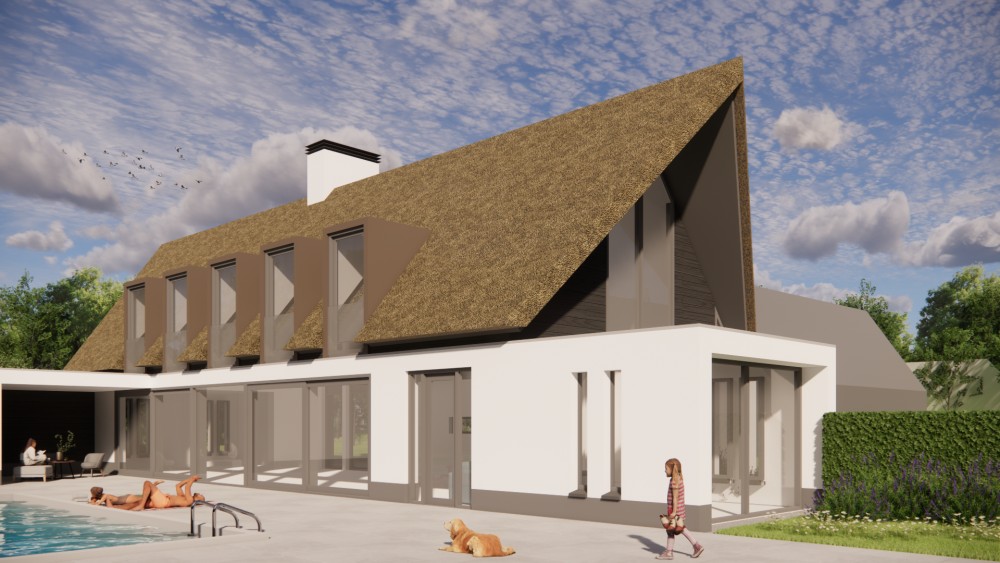 Afbeelding van Moderne woning met pleisterwerk, rieten dak en zadeldak op drie bouwlagen - c70c829a-9f77-4ed0-abdf-4884442b01b3