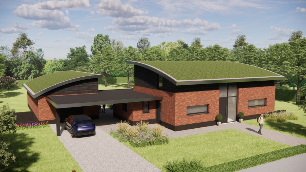 Afbeelding van Eigentijdse vrijstaande woning met gebogen groendak, metselwerkgevels en houten accenten - d2dfbc5b-dd6d-4dfd-854b-f9e5bef2e534