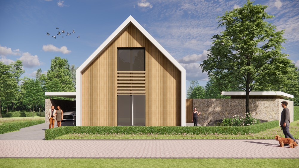 3D Render van landelijke schuurwoning met natuurlijke materialen en heldere zichtlijnen 6