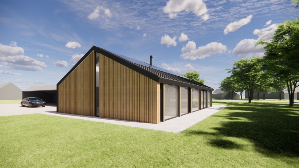 Afbeelding van Schuurwoning met houten gevel en donker felsplaten zadeldak - 581e5484-71c2-406f-92f6-f5e5f79a14bd