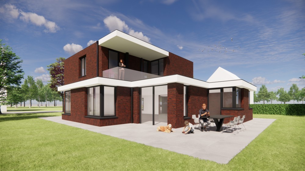 Afbeelding van Kubistische woning van donkerrood metselwerk met hoekkozijn en balkon - 5de84e53-b196-4dd2-b743-cf7ec4333a4b