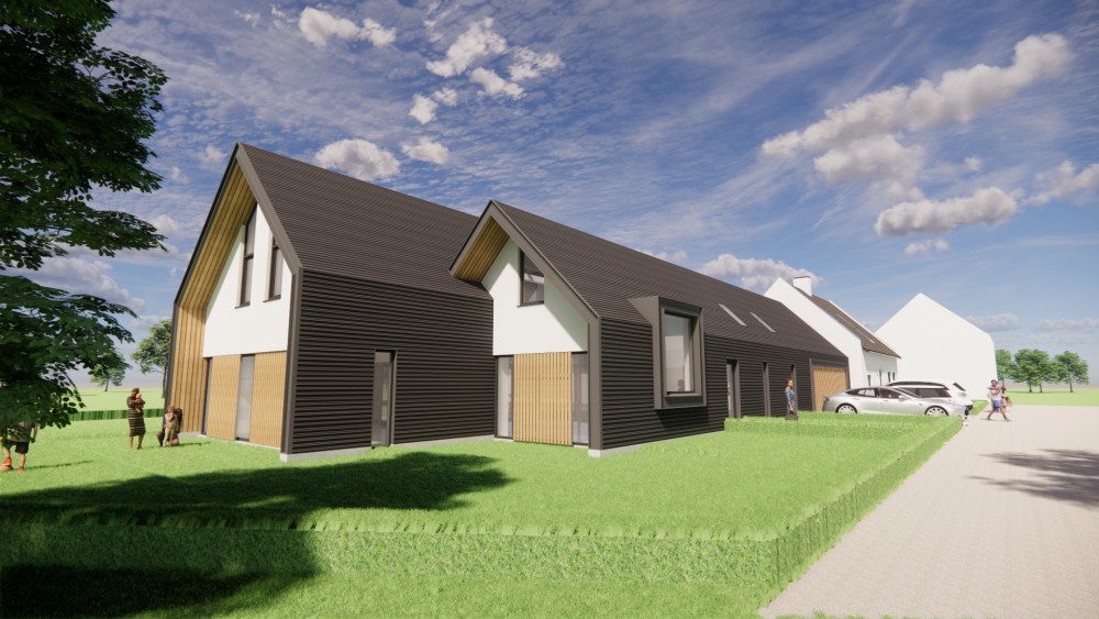 Afbeelding van Moderne schuurwoning met pleisterwerk en een in de gevel doorlopend golfplaten dak - 2f6ac81f-05ee-454c-bf32-be24fa298366