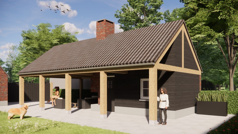 Afbeelding van Landelijke boerderijwoning met wolfsdak, gegolfde dakpannen en houten accenten - a64d5015-9754-4ab9-a915-ccee9afcf2af