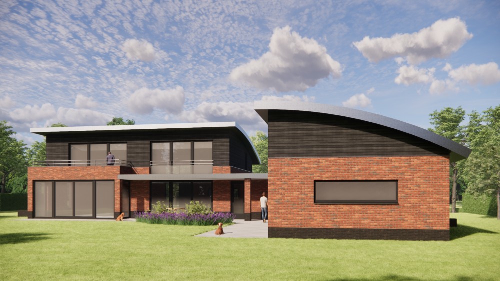 3D Render van eigentijdse vrijstaande woning met gebogen groendak, metselwerkgevels en houten accenten 4