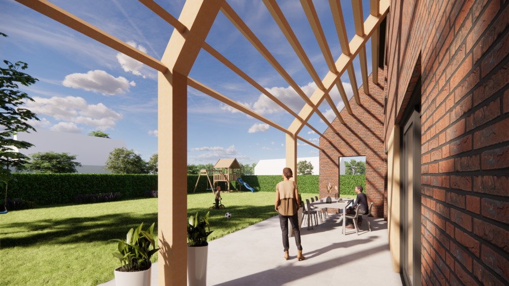 3D Render van vrijstaande moderne woning in rood metselwerk met zadeldak van vlakke dakpannen en houten accenten 9