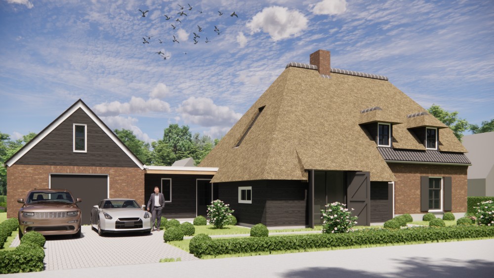 Afbeelding van Vrijstaand landelijk huis met metselwerk gevels en wolfsdak in riet en gegolfde pannen - 1500044d-a52e-4225-b348-1803a83b1f78