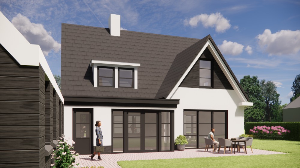 3D Render van moderne woning met gekeimd metselwerk en zadeldak van 9 meter hoog 4