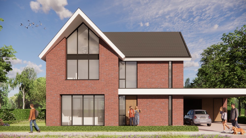 3D Render van strakke baksteenarchitectuur met zadeldak en schuine dak overstek 6