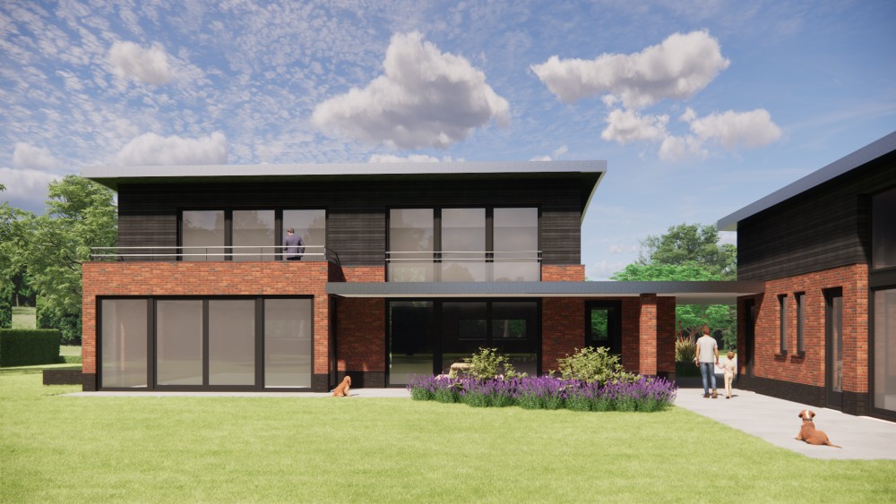 3D Render van eigentijdse vrijstaande woning met gebogen groendak, metselwerkgevels en houten accenten 9