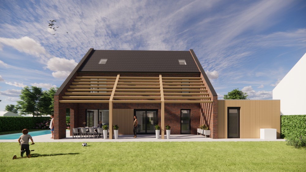 3D Render van vrijstaande moderne woning in rood metselwerk met zadeldak van vlakke dakpannen en houten accenten 6
