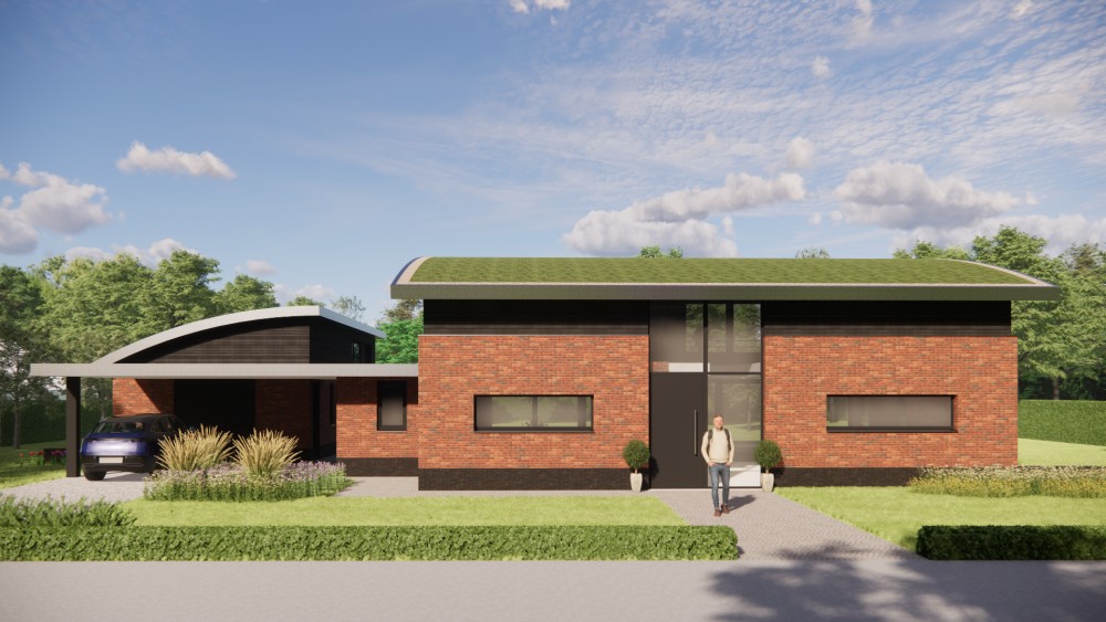 3D Render van eigentijdse vrijstaande woning met gebogen groendak, metselwerkgevels en houten accenten 7
