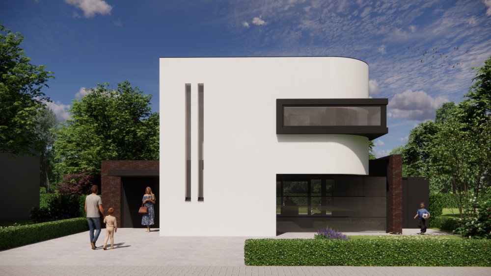 3D Render van kubuswoning met wit pleisterwerk en afgeronde hoekpartij 4