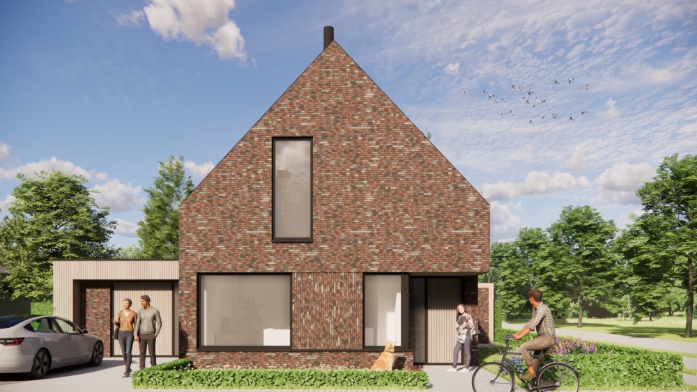 3D Render van moderne woning met metselwerk gevels, hoekkozijnen en houten accenten 6