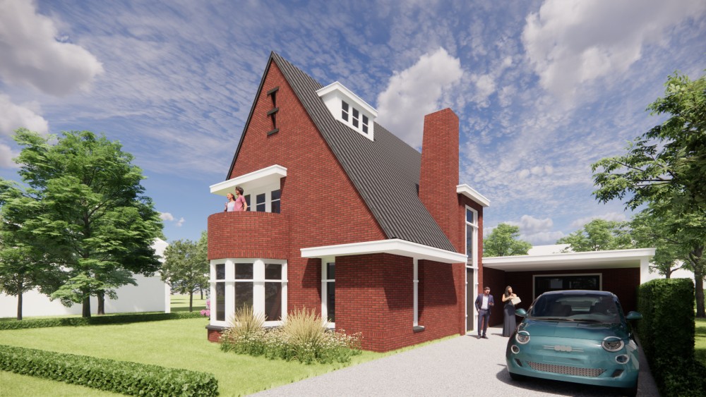 3D Render van vrijstaande jaren 30 woning in metselwerk met zadeldak en gegolfde dakpannen 5