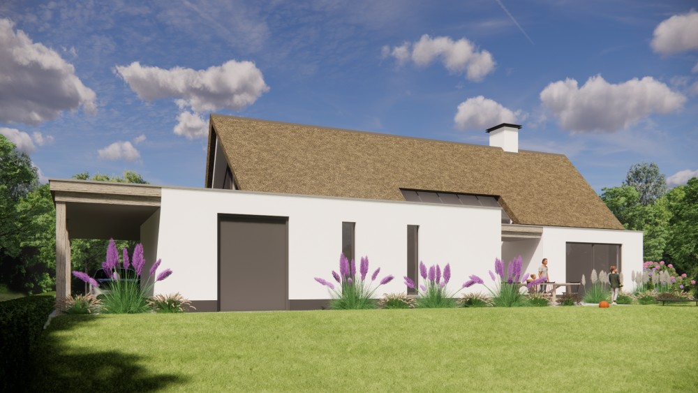 3D Render van moderne vrijstaande woning met rieten zadeldak witte pleistergevel en houtaccenten 4