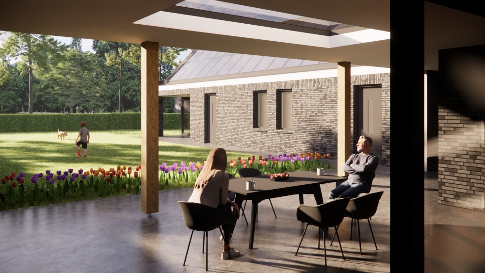 Afbeelding van Moderne vrijstaande woning met gekeimd metselwerk en zadeldak met vlakke dakpan - 68e30eed-b98f-445e-a02e-211ac03f5733