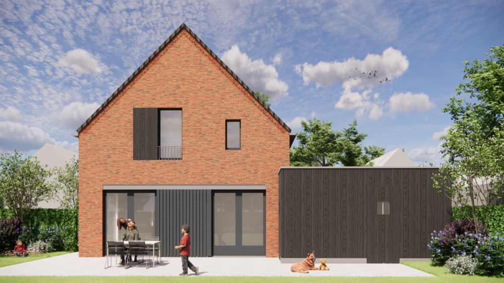 3D Render van industriele schuurwoning met metselwerk gevel en grote raampartijen 6