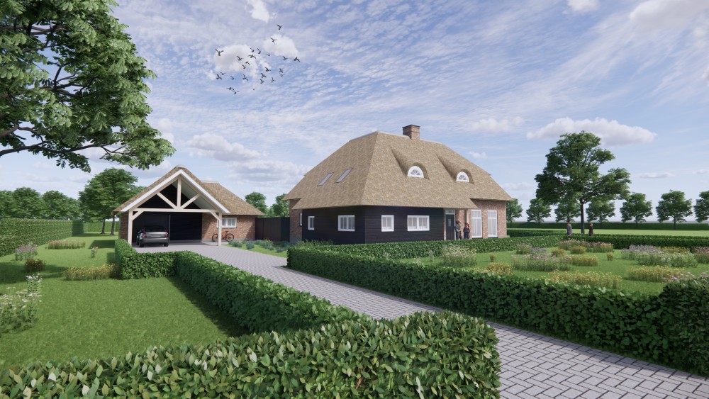 Afbeelding van Boerderijwoning met rieten schilddak, houten accenten en metselwerkgevel - a6ffa31e-0914-4e7f-a418-53cf61f5f6e8