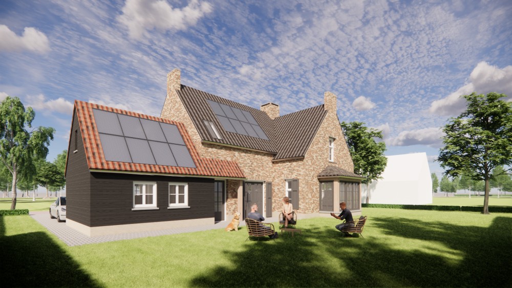 3D Render van kempisch woonhuis met metselwerk gevel en zwarte aanbouw met rode dakpannen 4
