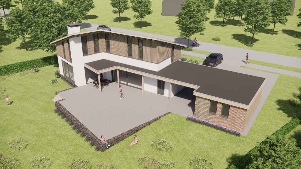 3D Render van duurzame woning met houten gevels, groendak en dakoverstek 7