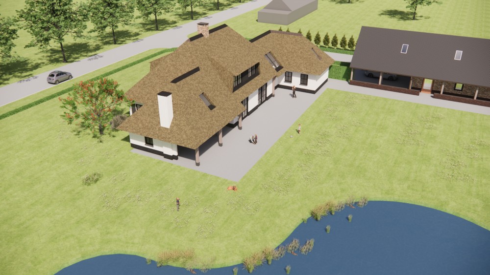 3D Render van landelijke villa met rieten schilddak, houten luiken en wit pleisterwerk 9