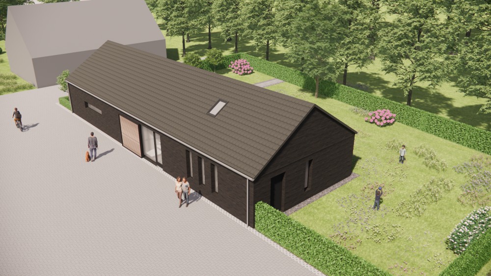3D Render van schuurwoning met vlakke dakpan, houten details en landelijke setting 8