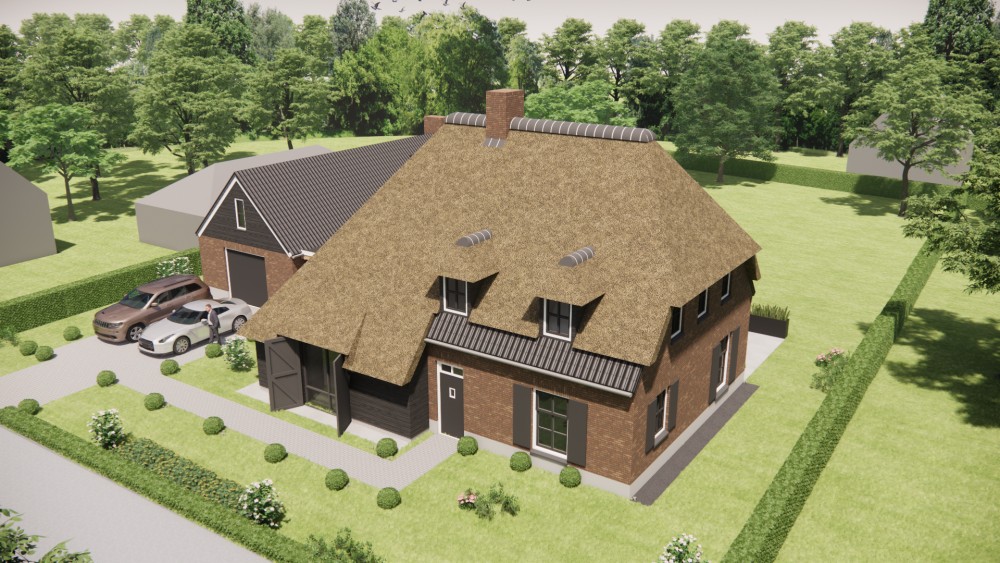 3D Render van vrijstaand landelijk huis met metselwerk gevels en wolfsdak in riet en gegolfde pannen 8