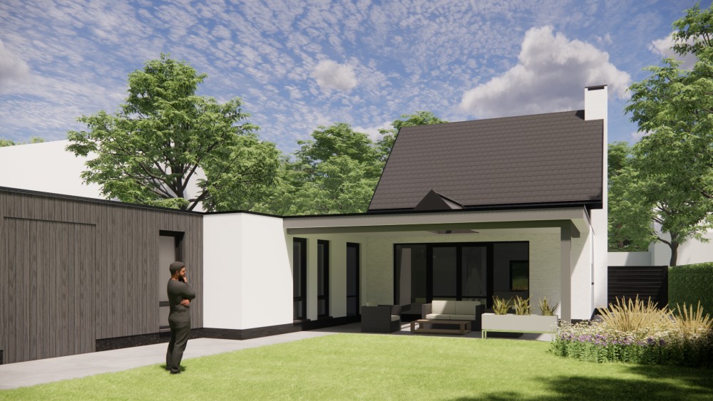 Afbeelding van Vrijstaande moderne woning met wit gekeimd metselwerk, zadeldak met vlakke dakpan en houtaccenten - f75c5dcc-bdbe-4c90-86a9-08cd5fe25a27