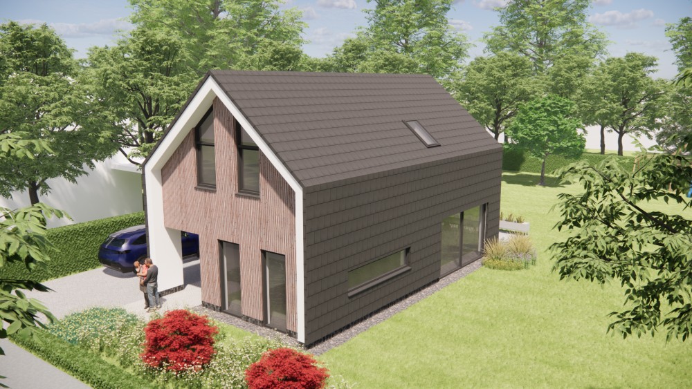 3D Render van eigentijdse schuurwoning met zadeldak bruine houten gevel en vlakke dakpannen 10