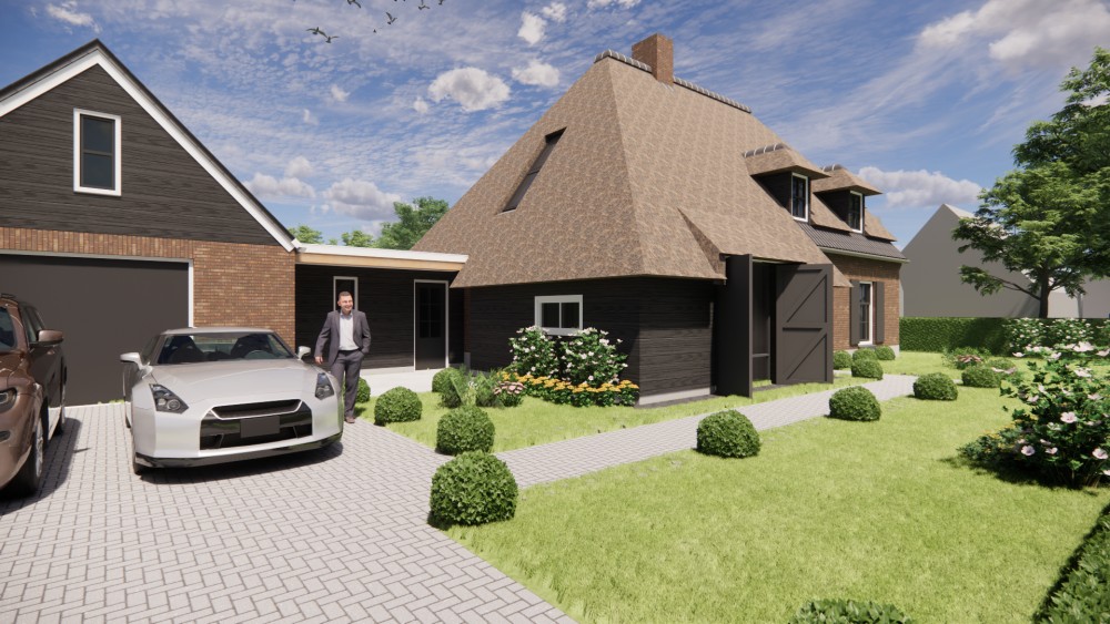 Afbeelding van Vrijstaand landelijk huis met metselwerk gevels en wolfsdak in riet en gegolfde pannen - 1500044d-a52e-4225-b348-1803a83b1f78