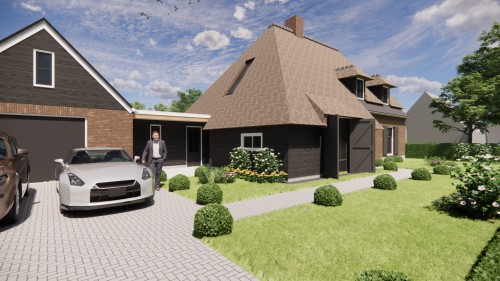 Afbeelding van Vrijstaand landelijk huis met metselwerk gevels en wolfsdak in riet en gegolfde pannen - 1500044d-a52e-4225-b348-1803a83b1f78