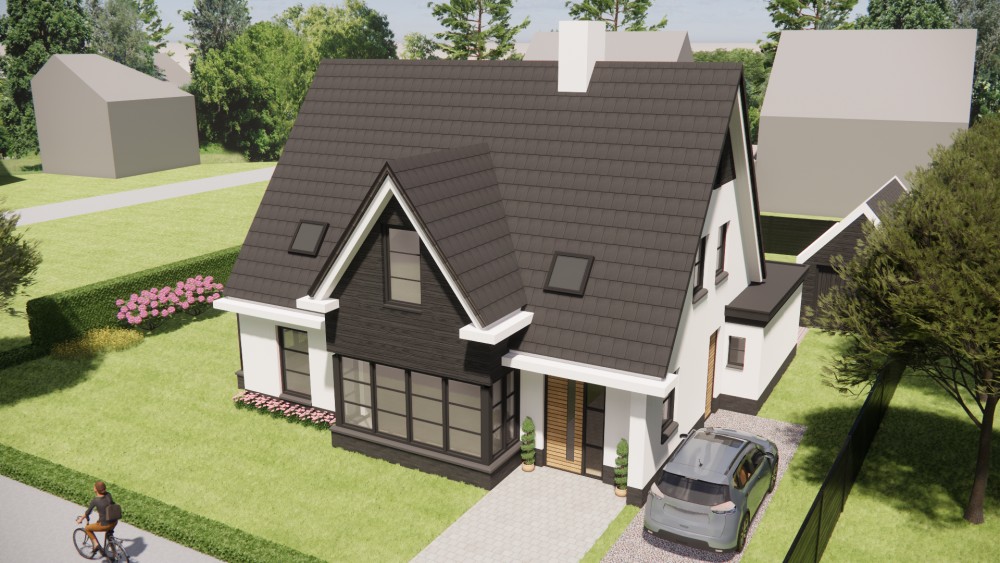 3D Render van moderne woning met gekeimd metselwerk en zadeldak van 9 meter hoog 8