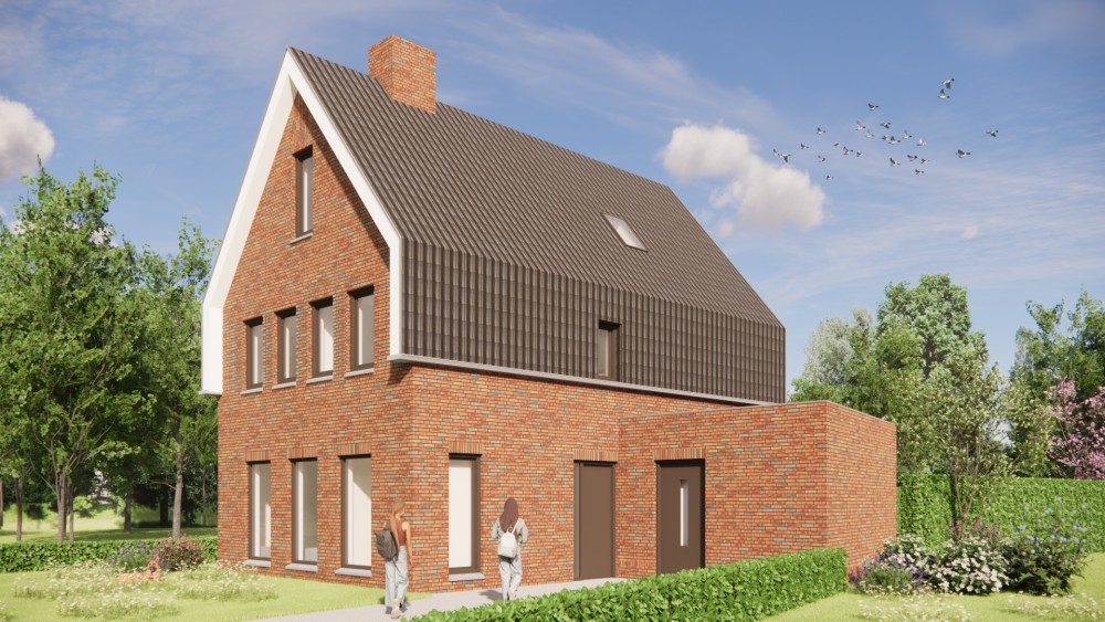 Afbeelding van Moderne woning met zadeldak, metselwerk en uitgesproken dak overstek - 1de9d5ec-c4f8-4e91-a48f-731e4d805df3