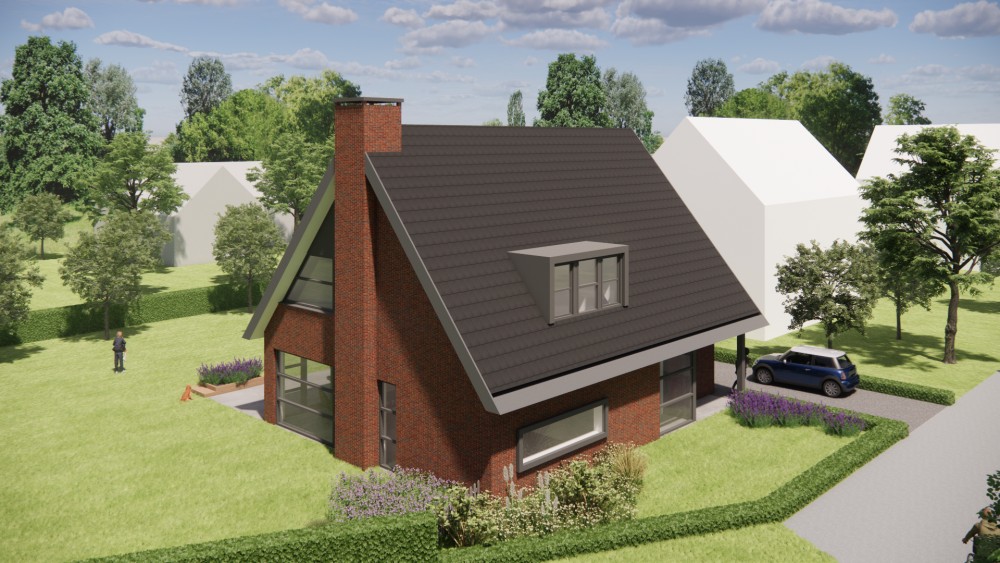 3D Render van moderne vrijstaande woning in metselwerk met zadeldak en vlakke dakpannen 9