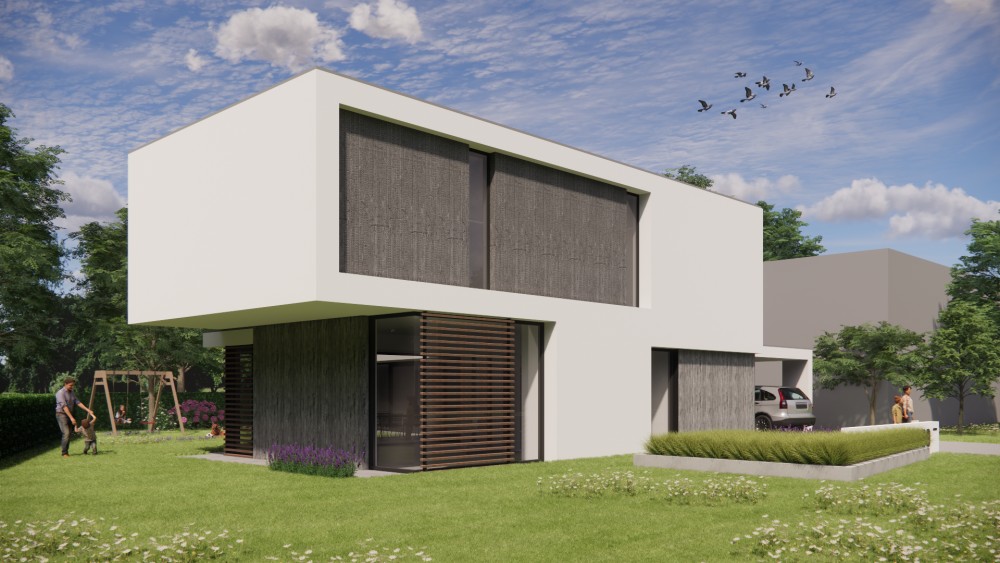 Afbeelding van Strakke kubusvormige woning met wit stucwerk en houten geveldelen - b49620ef-dcd1-4794-96dd-0a225a9bc3d4