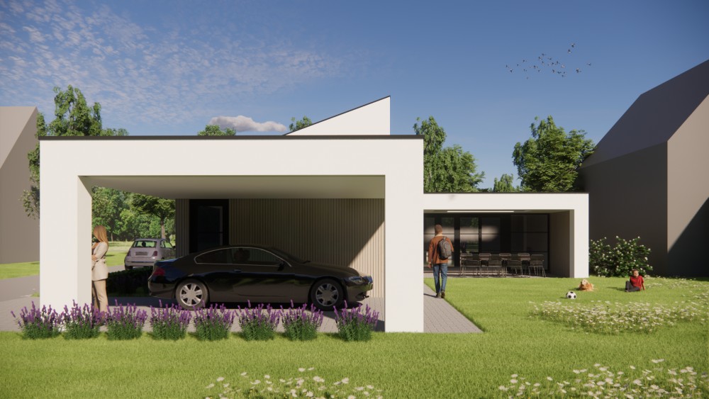 3D Render van moderne woning met houten gevels, wit pleisterwerk en lessenaarsdak 5