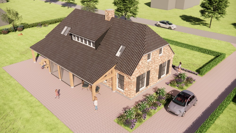 3D Render van boerderijwoning met wolfsdak, gegolfde dakpannen en houten accenten 7