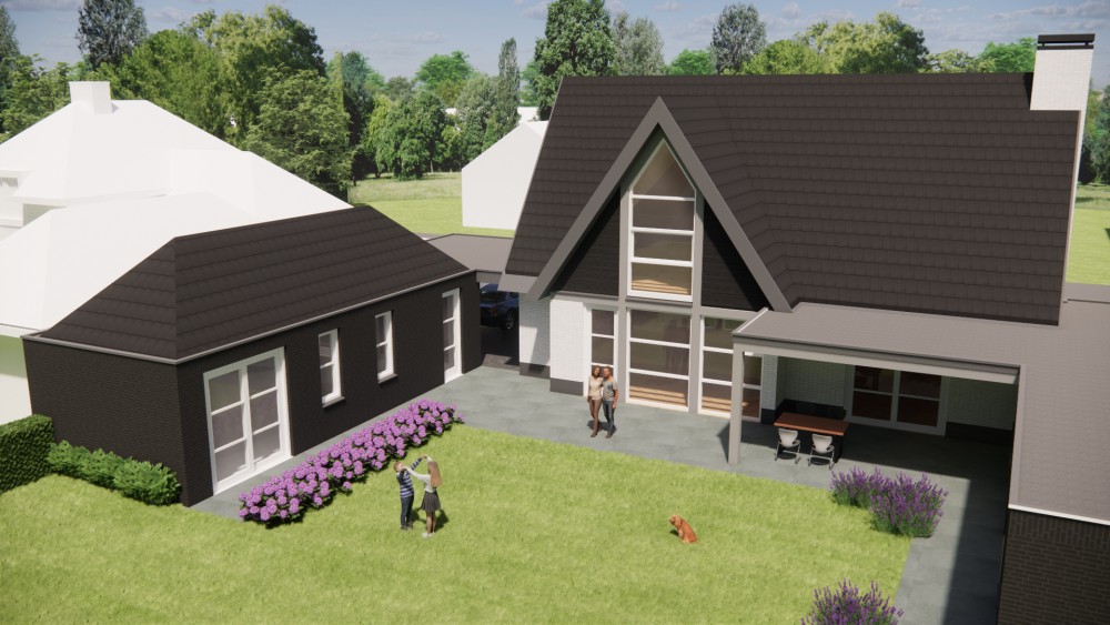 3D Render van vrijstaande moderne woning met wit en zwart metselwerk en zadeldak met vlakke dakpannen 10