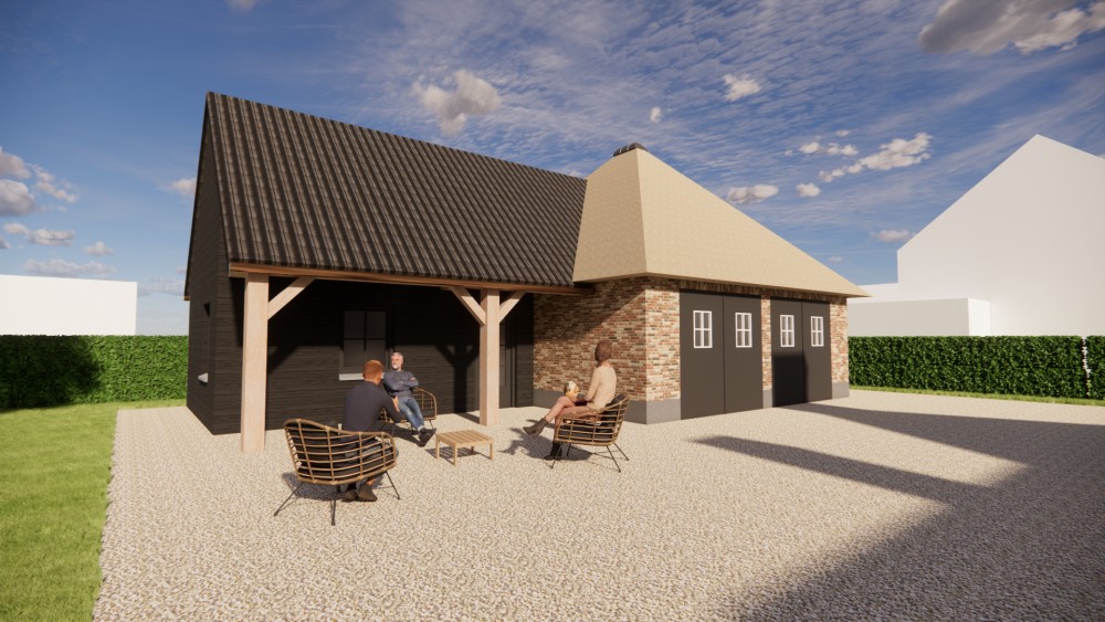 3D Render van boerderijwoning met rieten wolfsdak en houten accenten 7