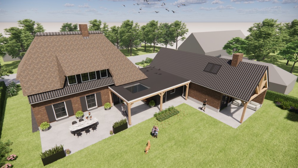 3D Render van vrijstaand landelijk huis met metselwerk gevels en wolfsdak in riet en gegolfde pannen 7