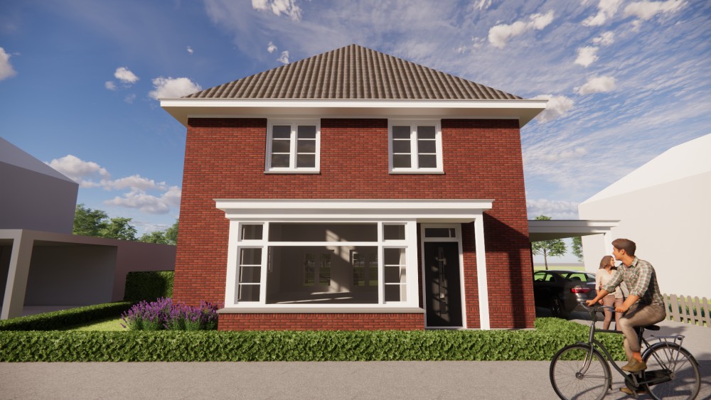 3D Render van vrijstaande notariswoning met metselwerk gevels en klassiek schilddak 6